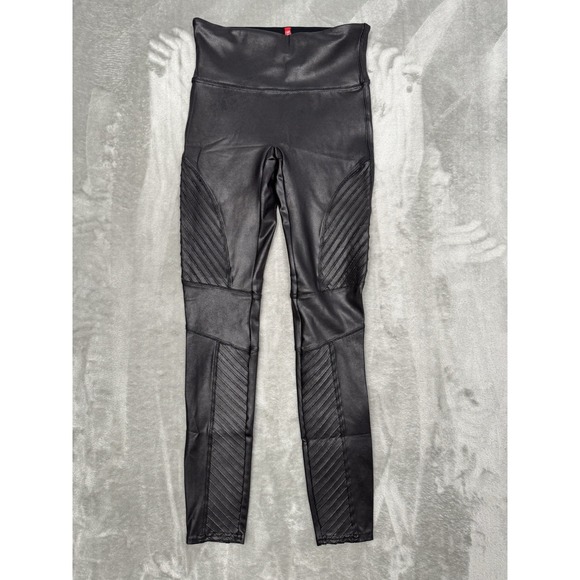 SPANX Pants - Spanx Faux Leather Moto Leggings Womens Small Petite PS Black Biker Pants Ribbed